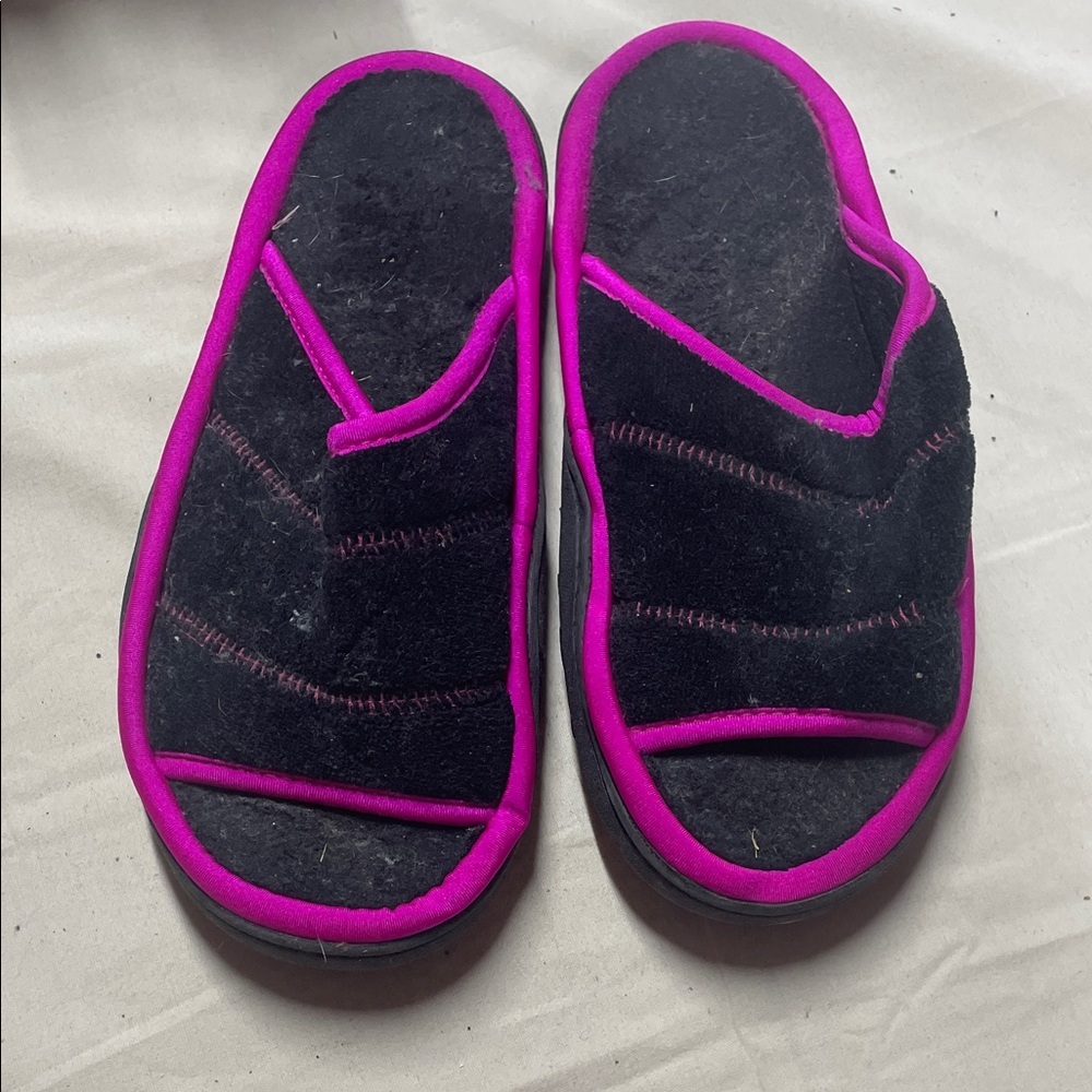 Isotoner Black Slippers with Pink Trim